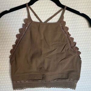 Set of 2 Brown/White Lace Trim Bralette Tops - Size M/L